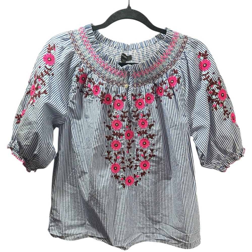 336. J. Crew Emroidered Smocked Top Cotton Poplin Stripe Boho